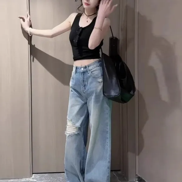 Jean rétro taille haute à jambes larges pour femmes, Design avec trou sens, Denim droit en coton extensible, résistant aux déchirures, coupe ample, printemps