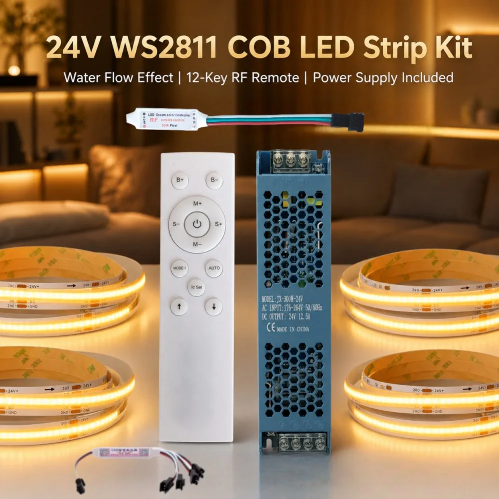 5m-40m WS2811 COB LED Strip DC24V 360 LED Beads/m Water Flow Light 12 Key RF Remote Power Kit for Bedroom Courtyard Decor