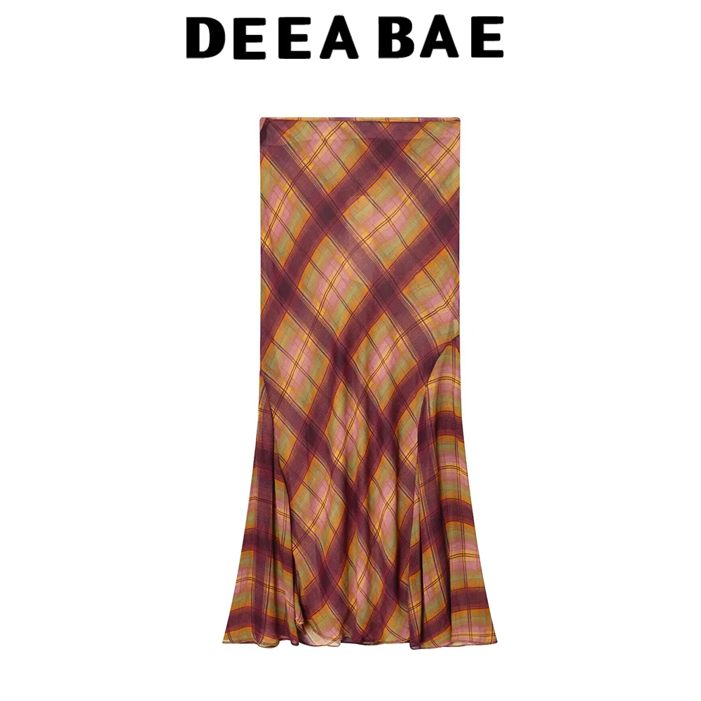 DEEABAE Women's autumn high-end feeling covering the hips and slimming versatile plaid mid waist long skirt