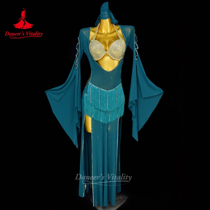 Roupões de desempenho de dança do ventre para mulheres sexy franja robe + sênior ab pedras sutiã + lenço 3 pçs adulto shaabi balady saidy outfit