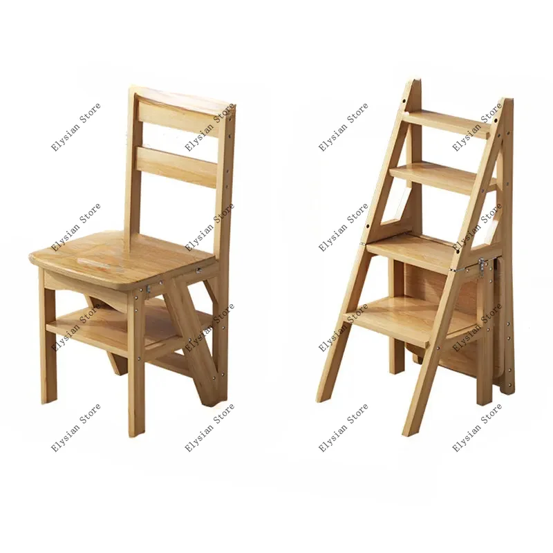 

Solid Wood Step Ladders Folding Home High Stool Kitchen Ladder Multi-functional Stool Thickened Indoor Dual-purpose Ladder H