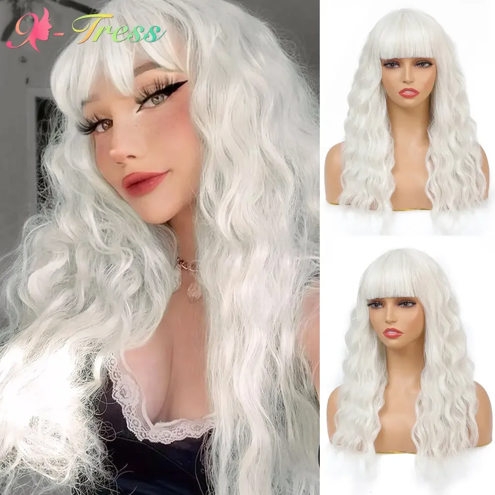 X-TRESS White Wig With Bangs Colorful Synthetic Short Bob Wigs 20 Inch Natural Wave Daily Party Cosplay Wig for Fashion Women