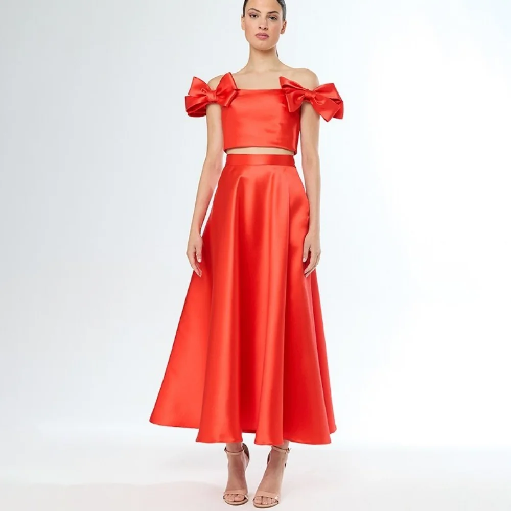 

Customized Satin Orange Bows Off-the-shoulder A-Line Evening Dresses Pleated Sleeveless Backless Ankle Length Prom Gown