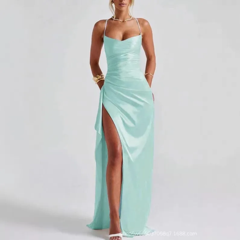 Off Shoulder a Line Dress Maxi Length Office Chic with Sleeveless Low Neckline Mid Waist Party Dress Slim Fit Summer for Women