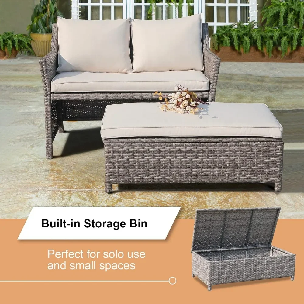 Outdoor Patio Furniture Wicker Love-seat and Coffee Table Set, with Built-in Storage Bin