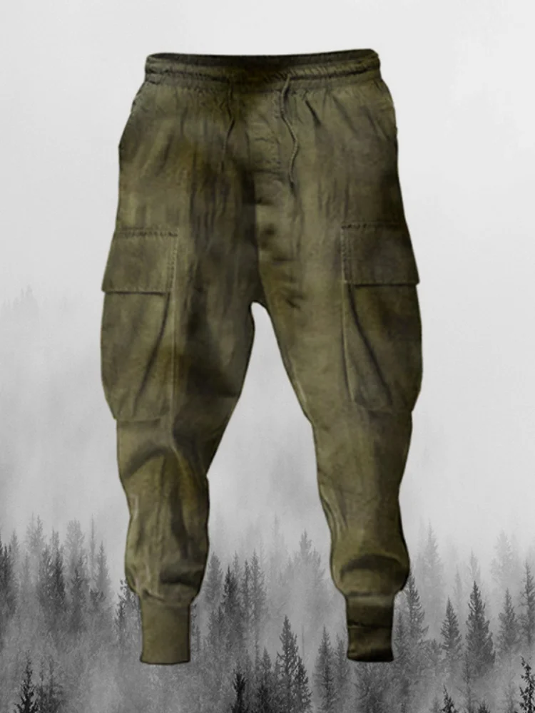 Winter Thermal Velvet Plush Lined Military Cargo Pants Men Elastic Cuff Drawstring Jogger Sweatpants