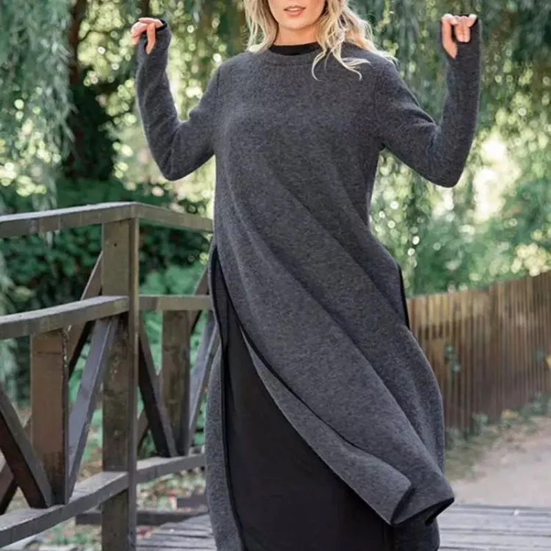 

2023 Autumn and Winter Women's Pullover Round Neck Patchwork Loose Solid Color Fashion Casual Elegant Long Sleeve Long Dress