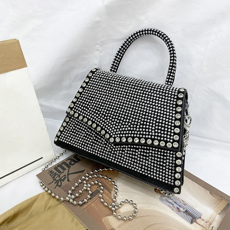 Rhinestone Studded Top Handle Handbag Women Glitter Crystal Evening Bag Detachable Chain Crossbody Shoulder Purse Party Clutch