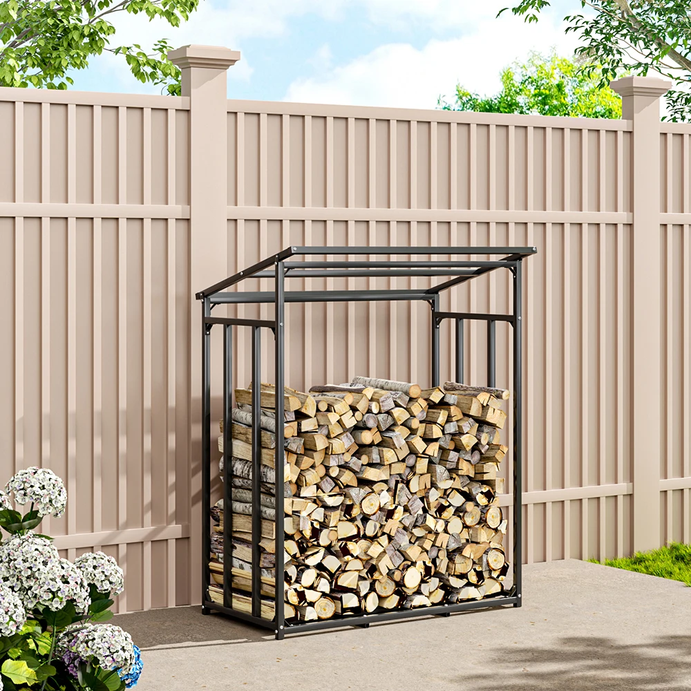 Grey 135cm Garden Metal Tube Firewood Rack with Roof