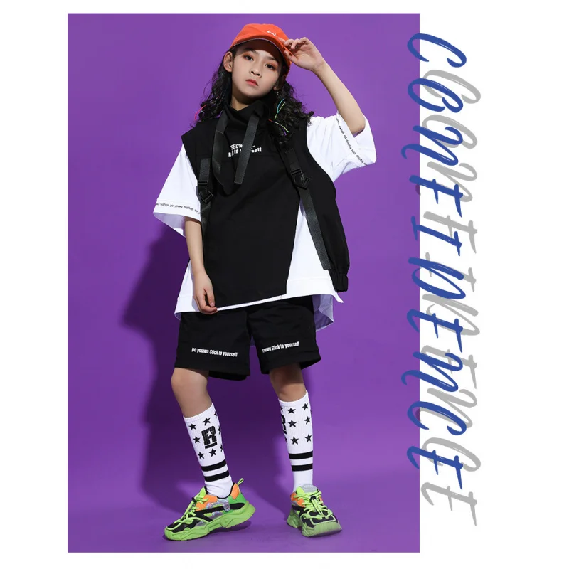 Tuta hip-hop per bambini Ragazzi larghi e belli passerella Jazz Dance Pantaloncini neri a maniche corte