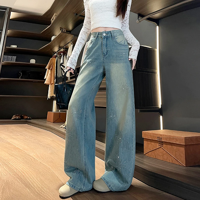 Retro Light Blue Diamond High-waisted Versatile Wide-leg Jeans Women's 2026 Spring Summer New Loose and Thin Straight Trousers