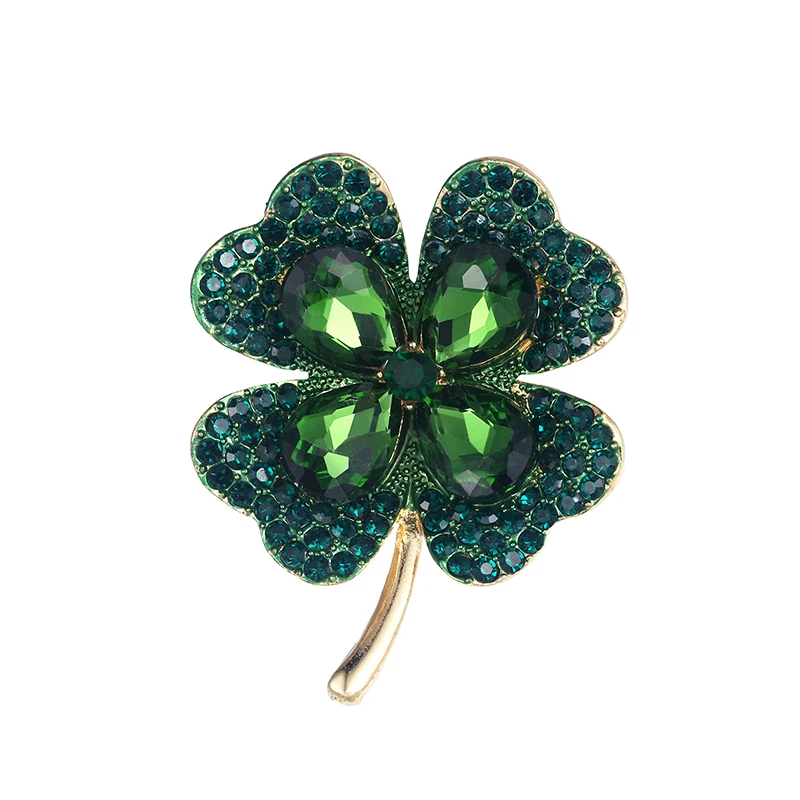 WEIMANJINGDIAN Brand Green Four Leave Clover Irish Shamrock Lucky Crystal Brooches and Lapel Pins Collections