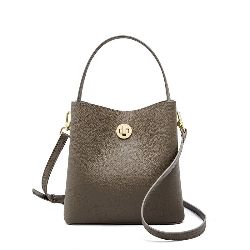 Women's Bucket Bag Quiet Luxury Genuine Leather Minimalist Logo Free Spacious Top Handle Detachable Strap Work