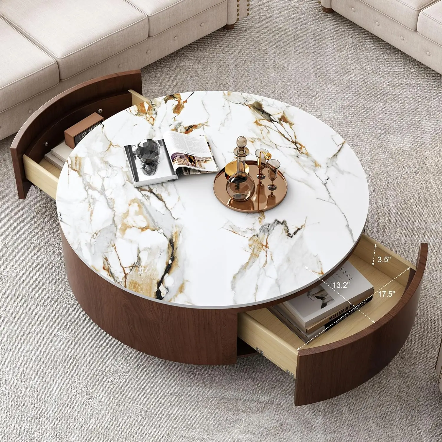 

Round Coffee Table with Storage, Mid Century Modern 2 Drawer Faux Marble Top Center Table Living Room Walnut White, Customized