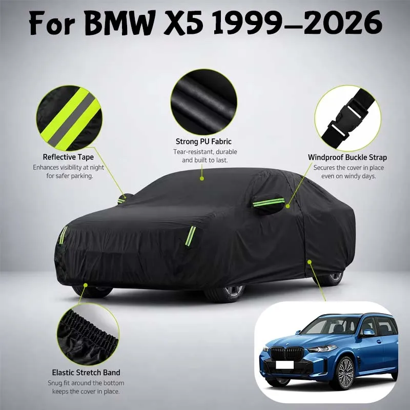 Waterproof Full Car Cover Side Door Zipper Reflective Strips Windproof Buckle All-Weather Protection For BMW X5 1999-2026