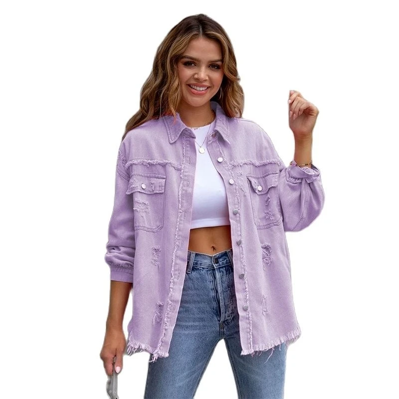 2023 Holes Raw-edges Denim Jacket Women Spring Autumn Shirt Style Jeancoat Casual Top Rose-Red Orange Purple Outerwear Lady Coat