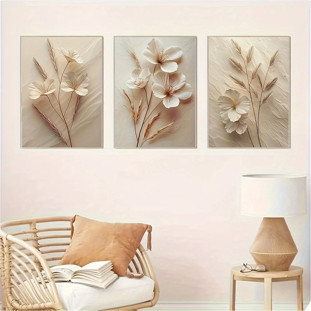 3pcs/set Modern Beige Plant Flower Canvas Wall Art Prints Frameless Poster Home Decor Painting For Living Room Bedroom Frameless