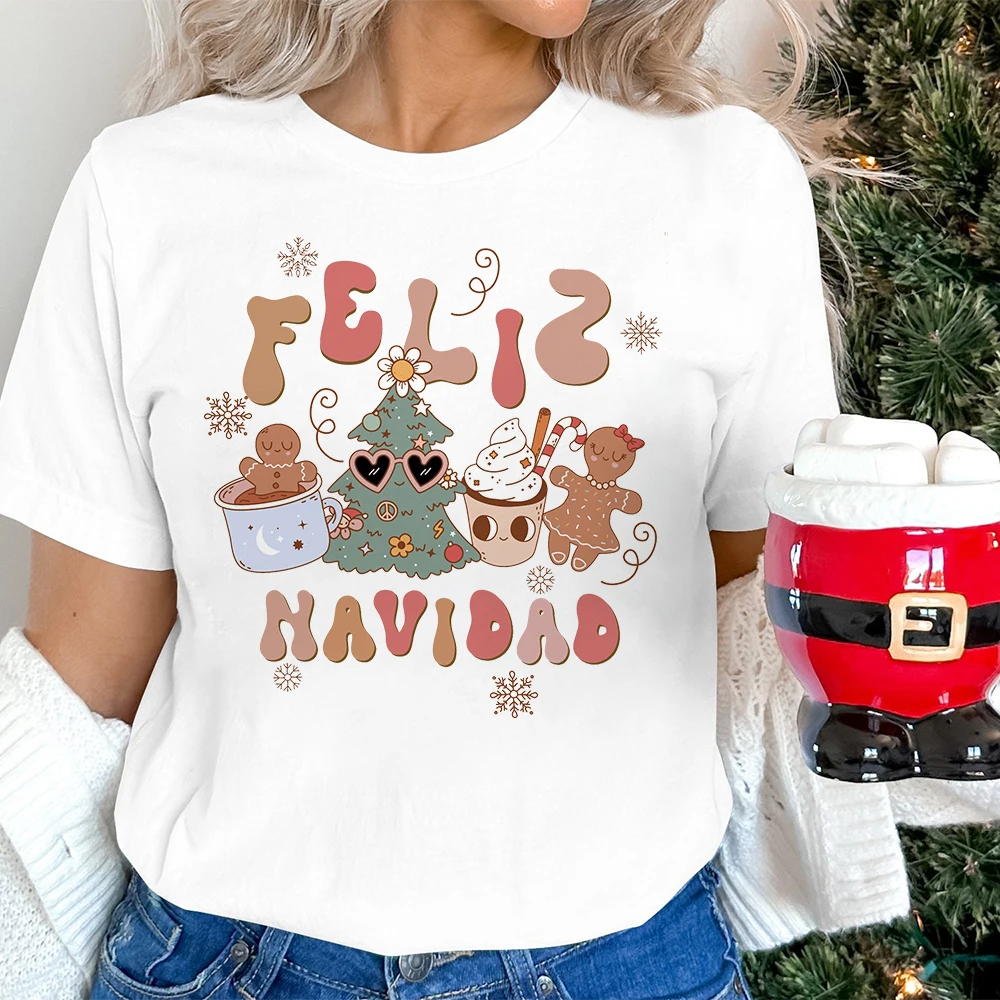 Feliz Natal das mulheres Camisa Estampada Espanhola, Outfit Tops, Camiseta de Manga Curta Feminina, Camiseta Retrô De Natal, Camiseta De Férias