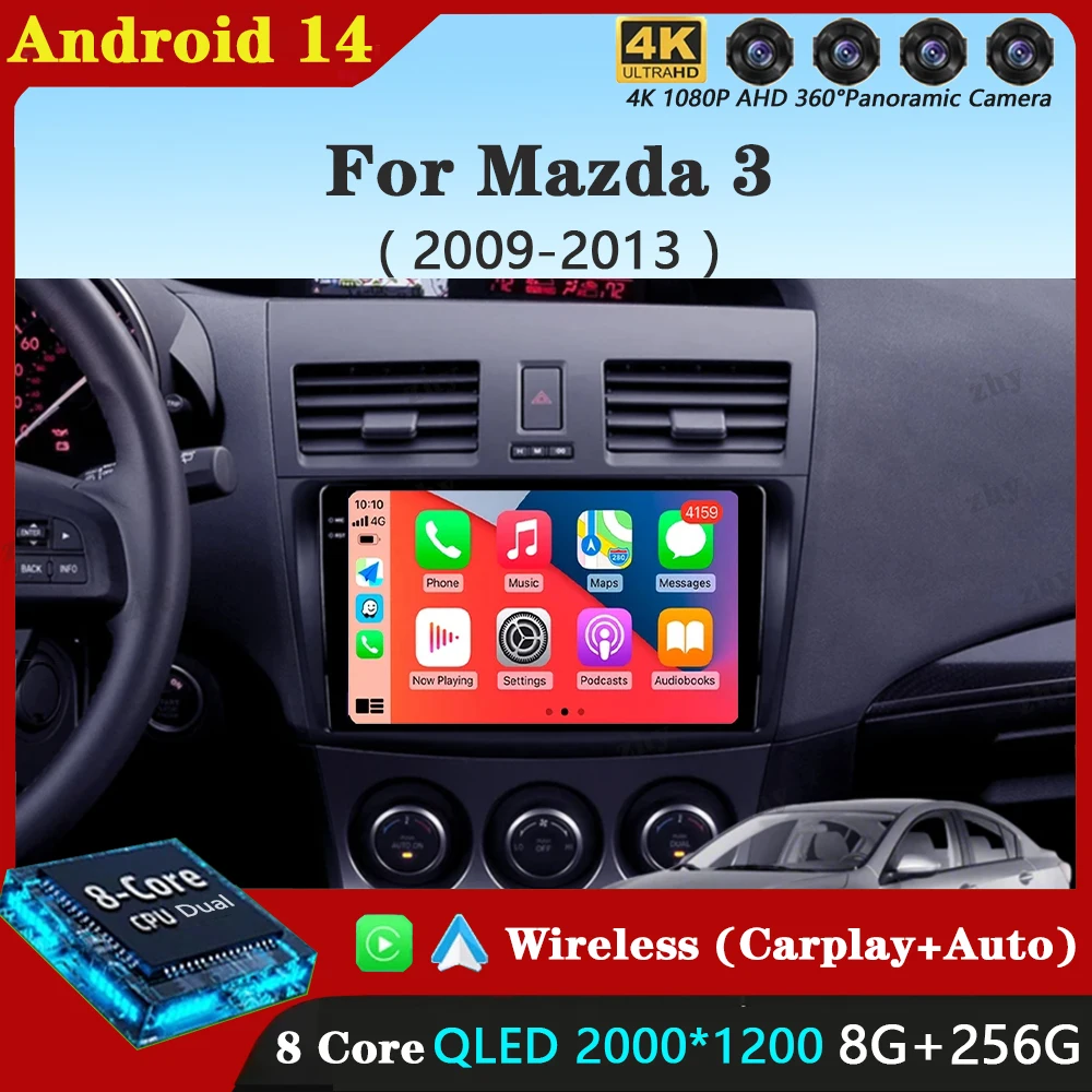 2K QLED 8G+256GB Car Radio Android 14 Auto For Mazda 3 2009-2011 2012 2013 Multimedia Video Player Carplay Autoradio GPS 4G Wifi