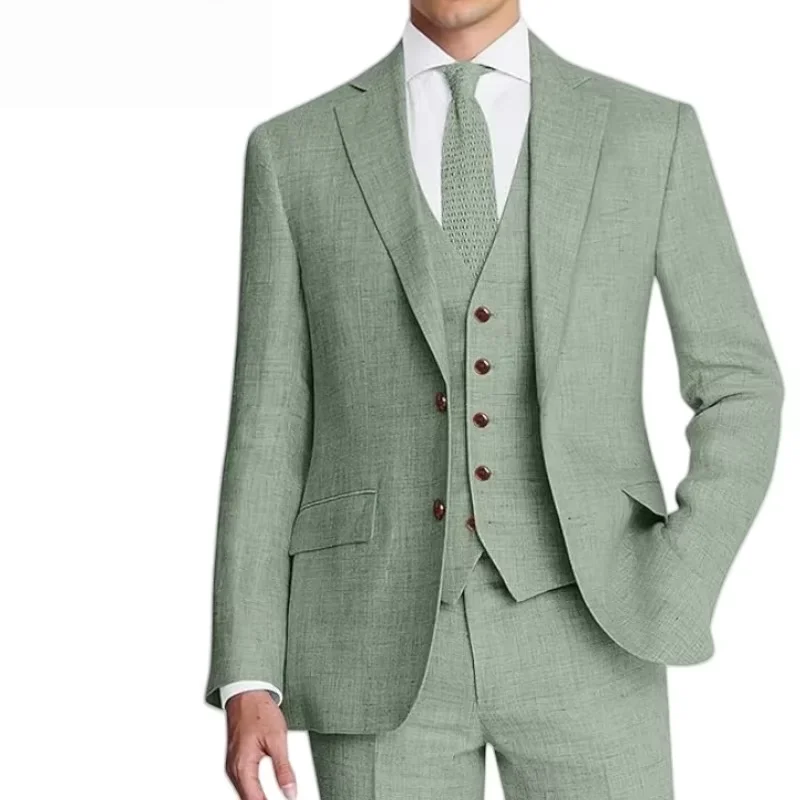 

Мужской льняной костюм из трех предметов — приталенный пиджак + жилет + брюки для свадьбы/выпускного вечера/бизнеса | Дышащий костюм жениха и официального наряда