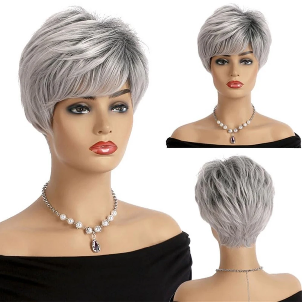 Hairjoy cabelo sintético feminino curto reto prata cinza branco peruca traje cosplay peruca