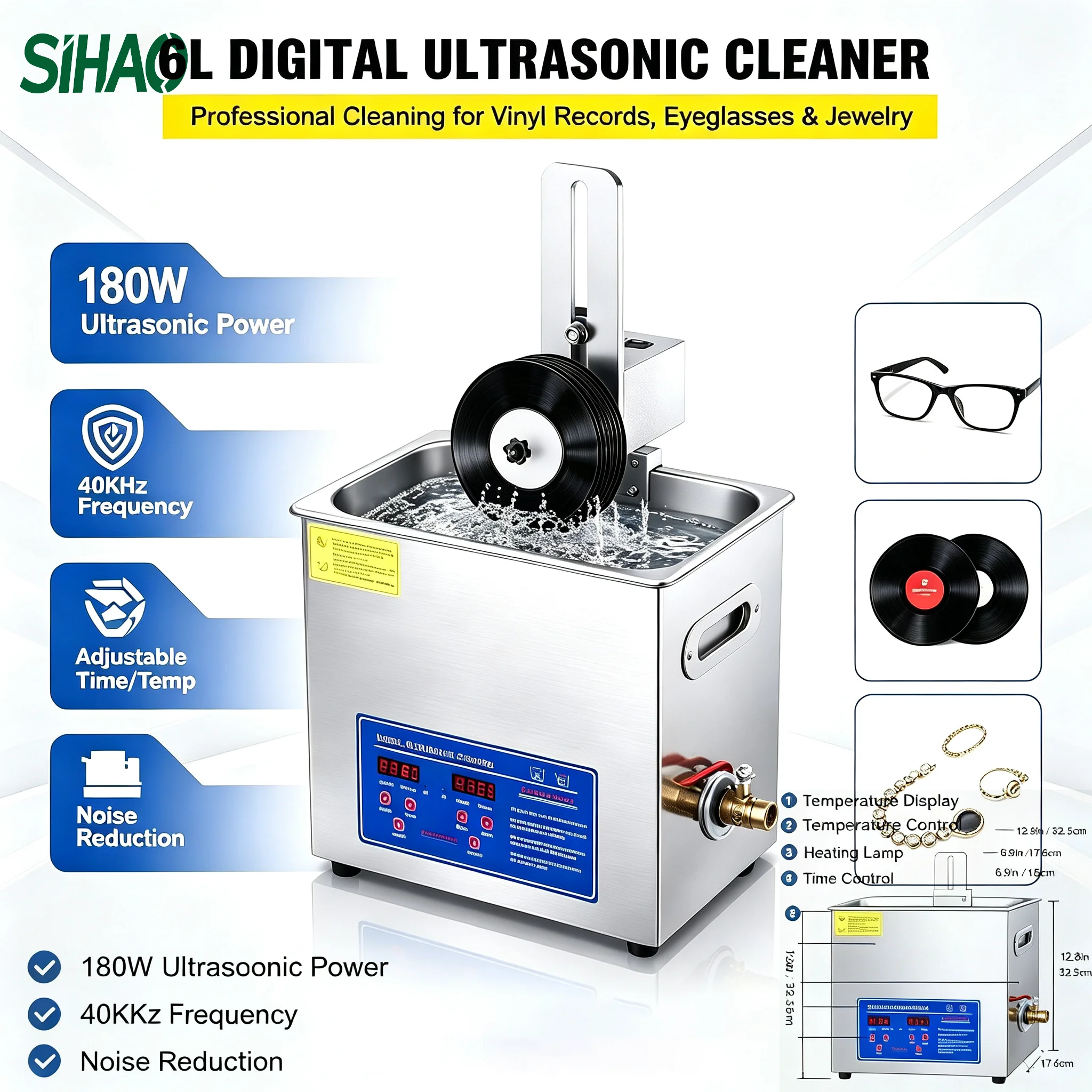 SIHAO 6L Ultrasonic Vinyl Record Cleaner 180W for 8 Records 7-12 in With Drying Rack Home Collector Ultrasound Machine