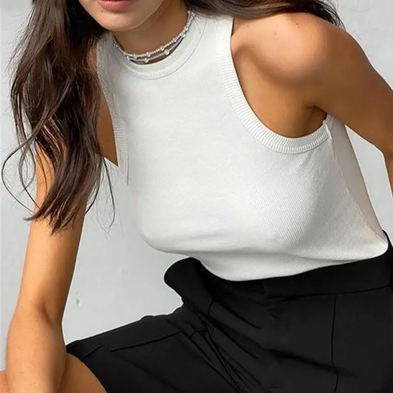 슬림 리브드 민소매 티셔츠 여성용 숏 베스트  스트리트 스타일 라운드 넥 긴팔 패셔너블 캐주얼 셔츠
