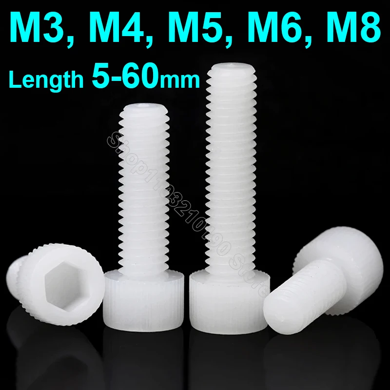 10-100pcs White Nylon Hexagon Hex Socket Head Screw M3 M4 M5 M6 M8-M12 Cup Head Knurled Plastic Allen Bolt for Insulation Use