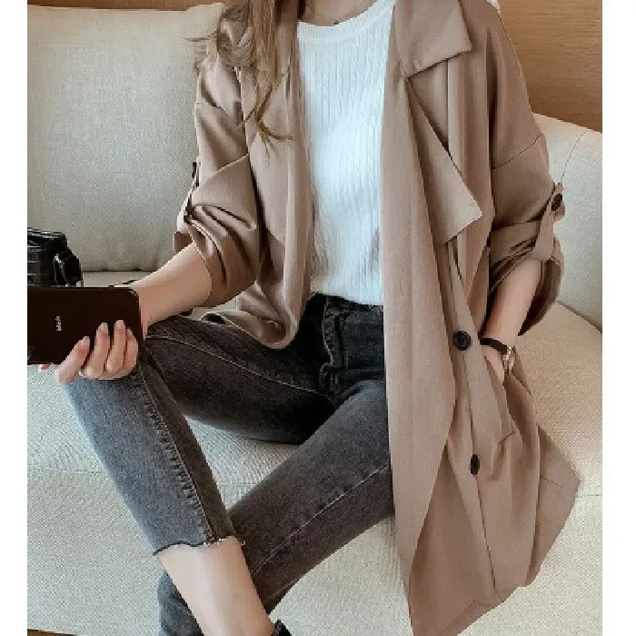 

Spring 2025 New Korean Style Women's Long Coat Thin Fashionable Outerwear Polyester Fiber Mandarin Collar Full Sleeve