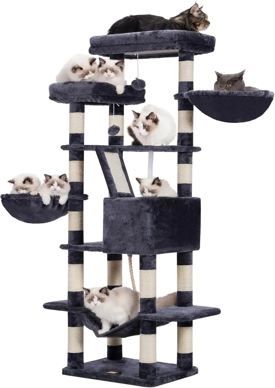 

68" Multi-level Cat Tower for Indoor Cats 2 Widened Plush Perches Cat Condo W/ Scracthing Board & Big Caves,Smoky Gray HCT025G