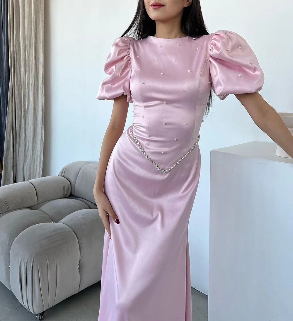 SoDigne Pink Party Dresses O neck Arabic Pearl Beading Prom Dress Tea Length Bodycon Satin Formal Occasion Gown