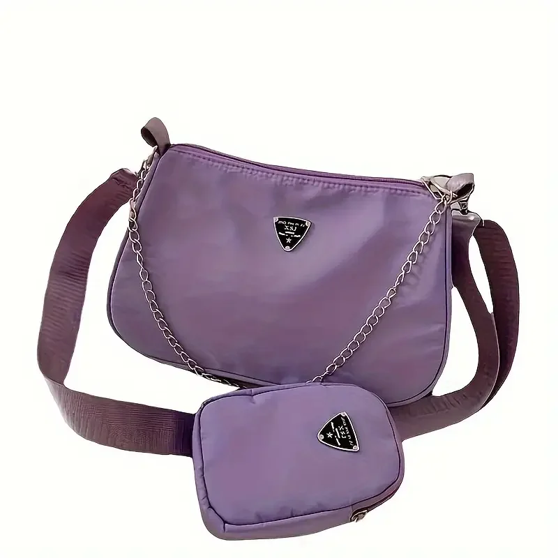 2 Sets Nylon Shoulder Bag Simple Solid Color Handbag Crossbody Bag with Chain Strap Fashion Daily Travel Multi-Purpose