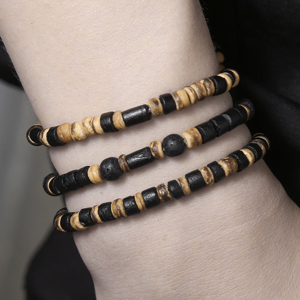 3Pcs Retro National Style Bohemian Holiday Style Coconut Shell Wood Chip Bracelet Three-Piece Men's Handmade Matching Bracelet image 3