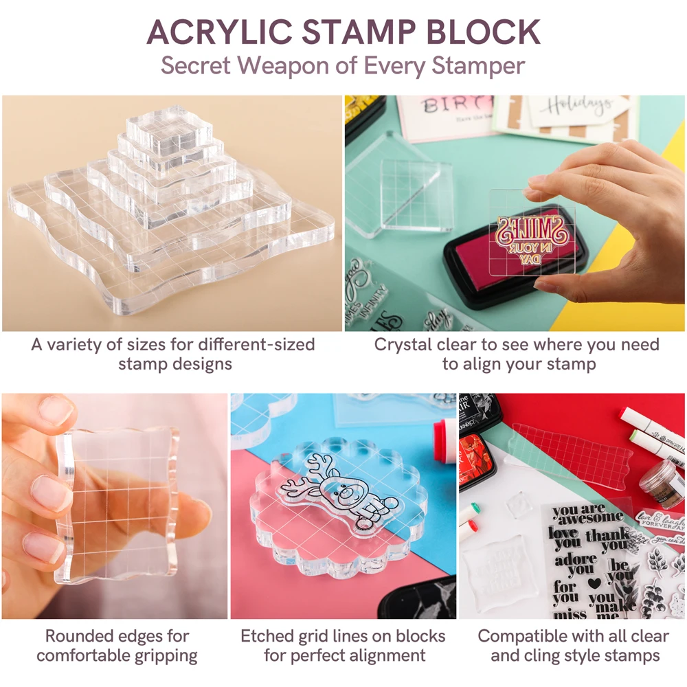 Stamp Blocks Clear Acrylic Stamp Block Kit with Grid Lines for Scrapbooking Crafts Card Making Handle Stamping Photo Album Decor