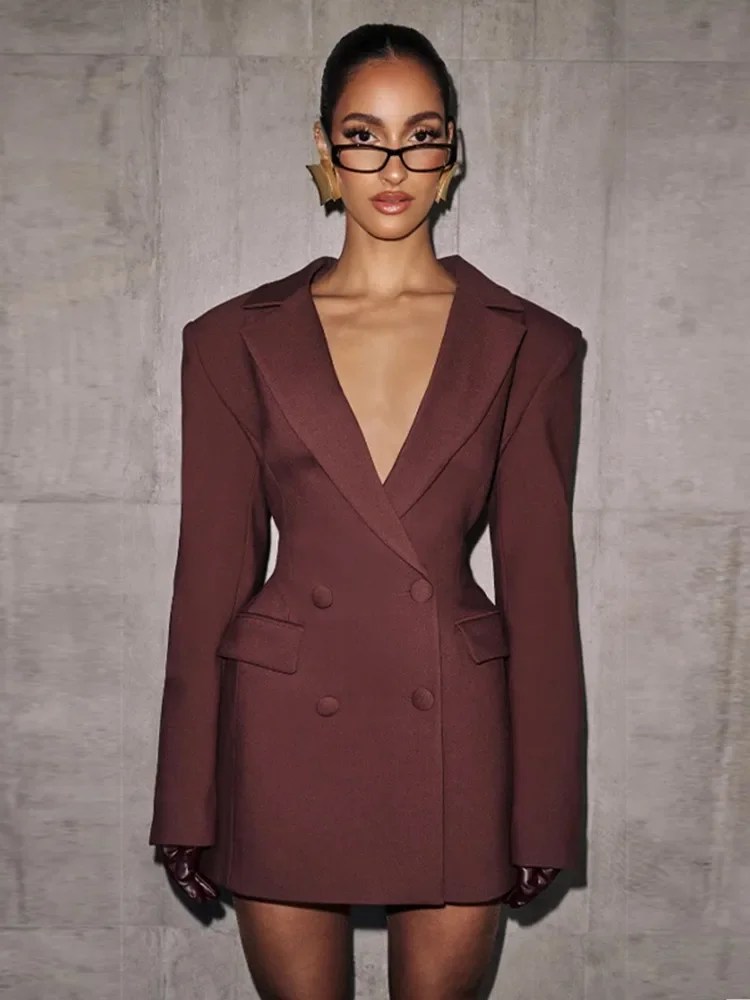 الصلبة الخصر Cinching السترة فستان موضة كم كامل التلبيب الخامس الرقبة مزدوجة الصدر سليم Vestidos 2025 مكتب سيدة الشارع ثوب