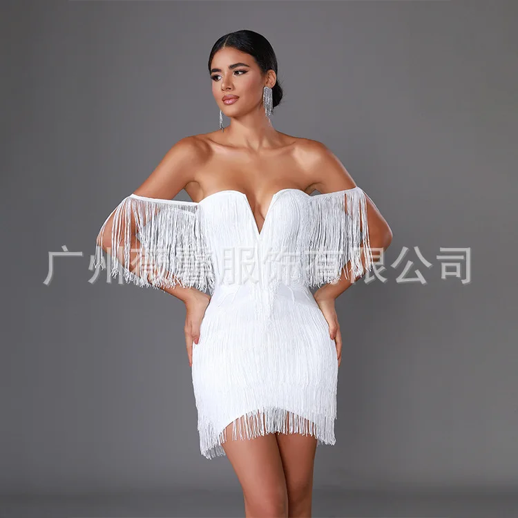 

2024 New Women Fashion Tassel Bandage Dress Sexy V Neck Off Shoulder Bodycon Nightclub Celebrity Female Party Mini Dresses