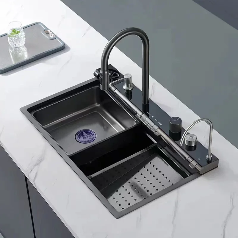 

Stainless Steel Kitchen Waterfall Sink Embossed Digital Display Large Single Slot All-in-one Faucet Multi-functional Wash Bain