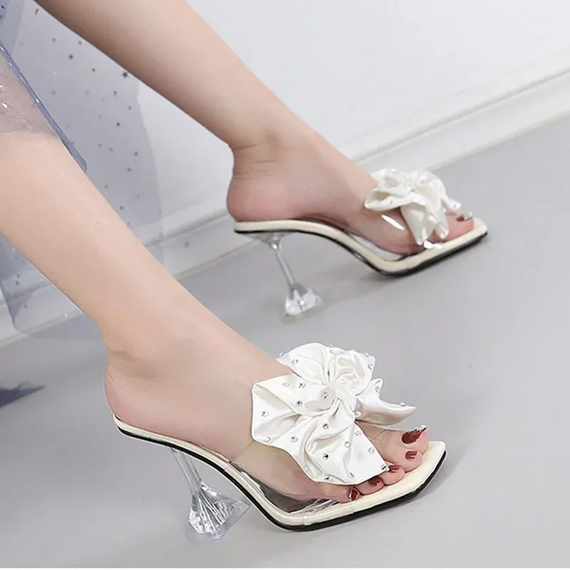 

Women Fashion High Heel Slippers Summer 2024 Sweet Bow Women Shoes Crystal Transparent Heeled Casual Sandals Slides Zapatos
