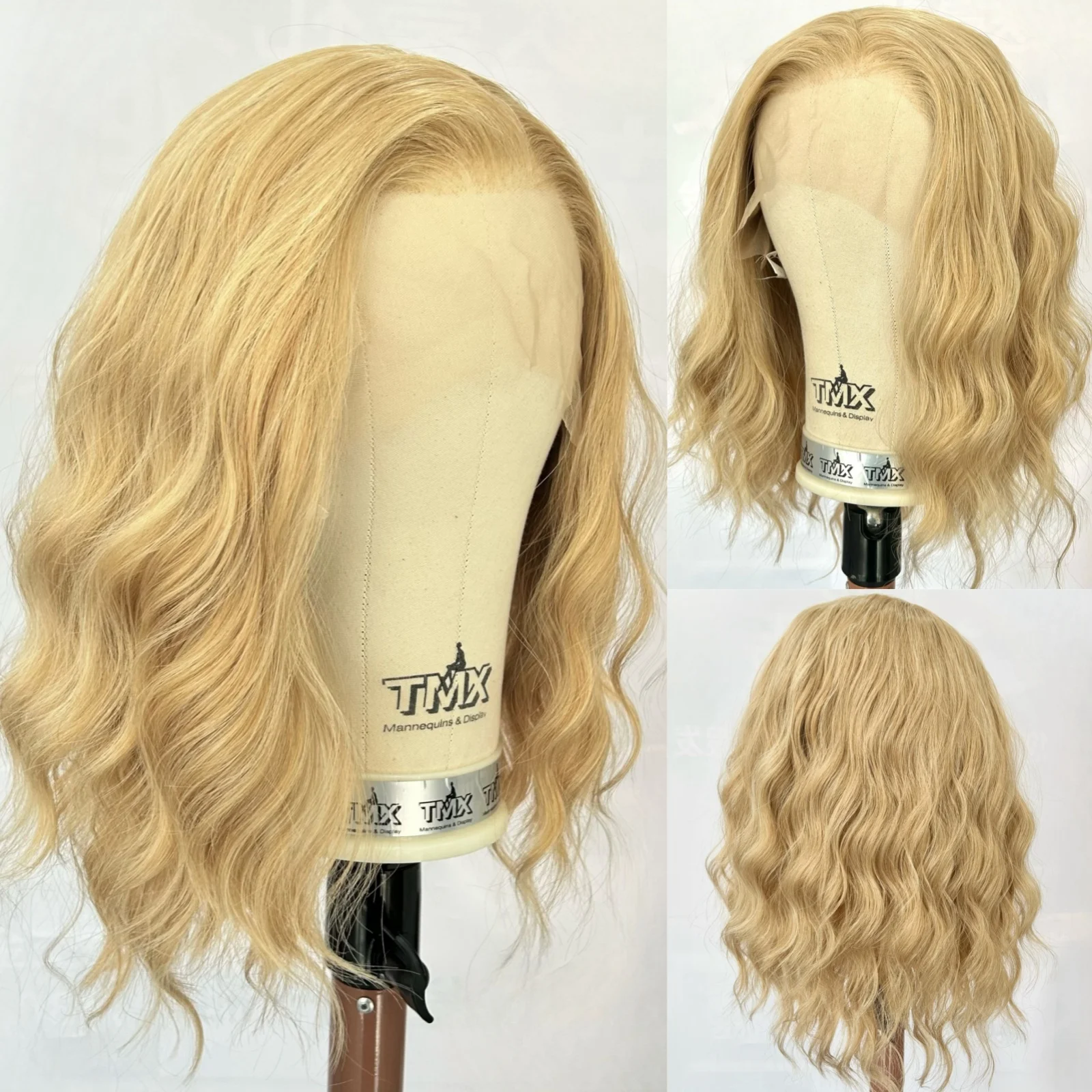 

Short Curly Wavy Highlight Blonde 13X4 Lace Front Wigs for Women Pre Plucked Hairline Ash Blonde Mix 613 Ombre Shoulder Length