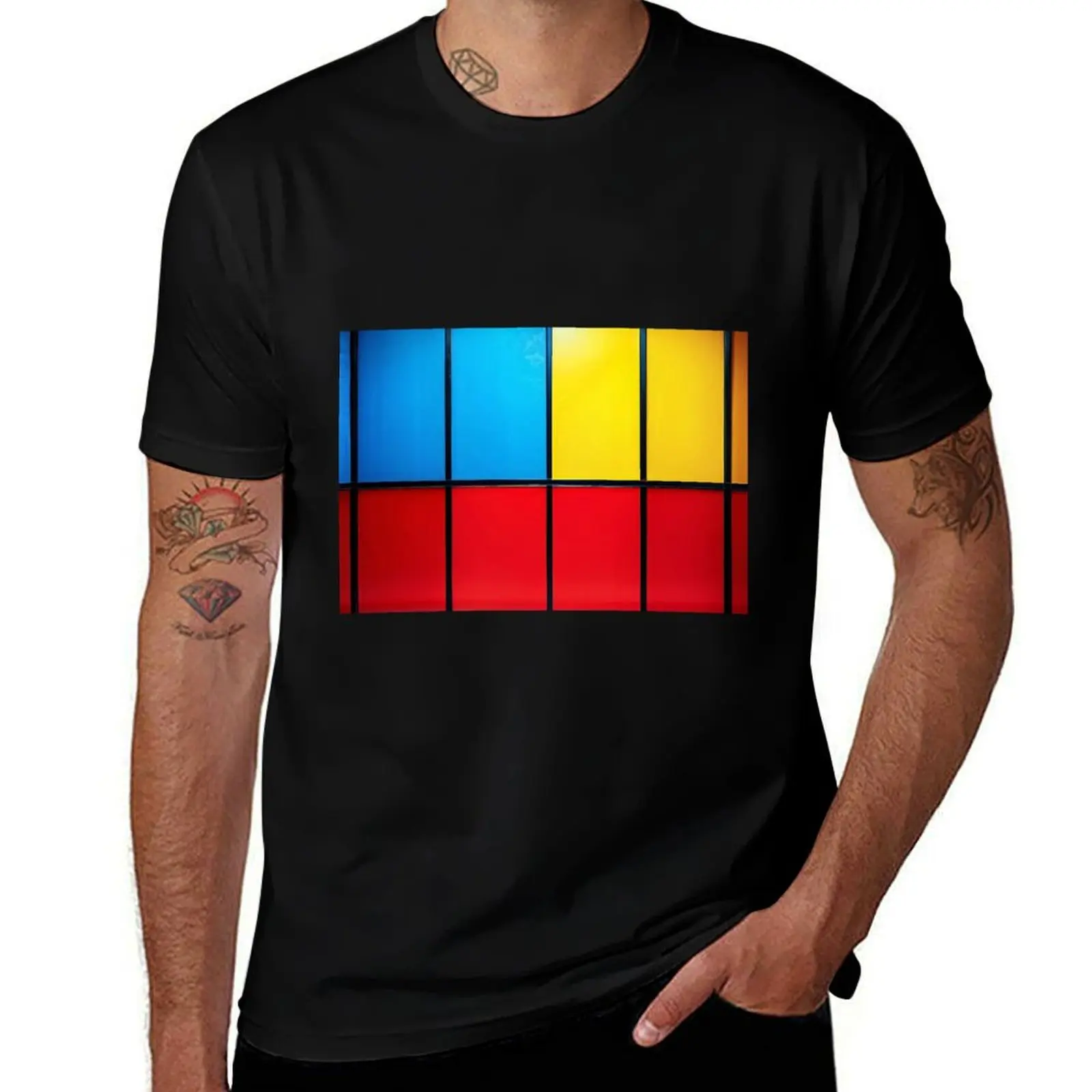 Composition with Red Blue and Yellow T-Shirt Basic Regular Fit Casual T-Shirt