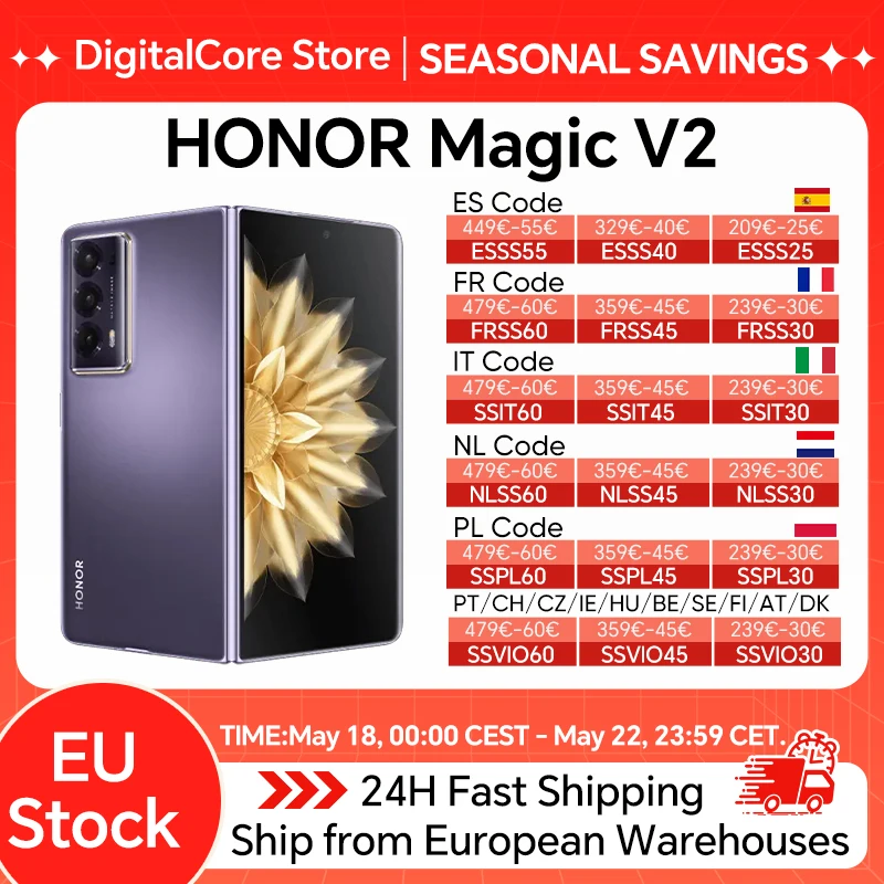 Honor Magic V2 Versione Globale 5G Smartphone Pieghevole Snapdragon 8 Gen2 Display OLED LTPO 120Hz Tripla Fotocamera 50MP Android