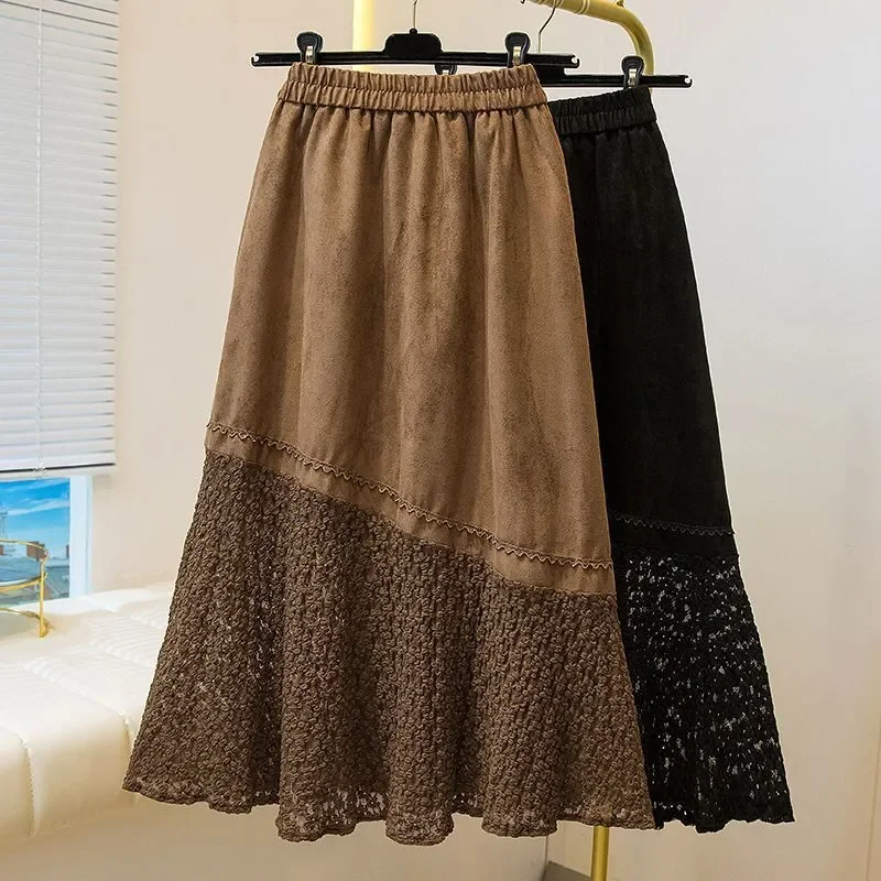 Women's Suede Patchwork Lace Midi Skirt Elastic Waist Casual A Line Elegant Fall Skirt