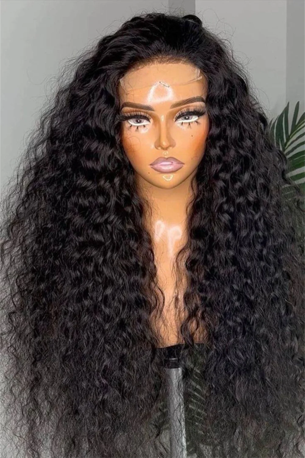 부드러운 긴 천연 블랙 킨키 곱슬 180 밀도, 깊은 레이스 프론트 가발, 아기 머리 접착제 없음, 매일 미리 뽑은 가발, 26 인치