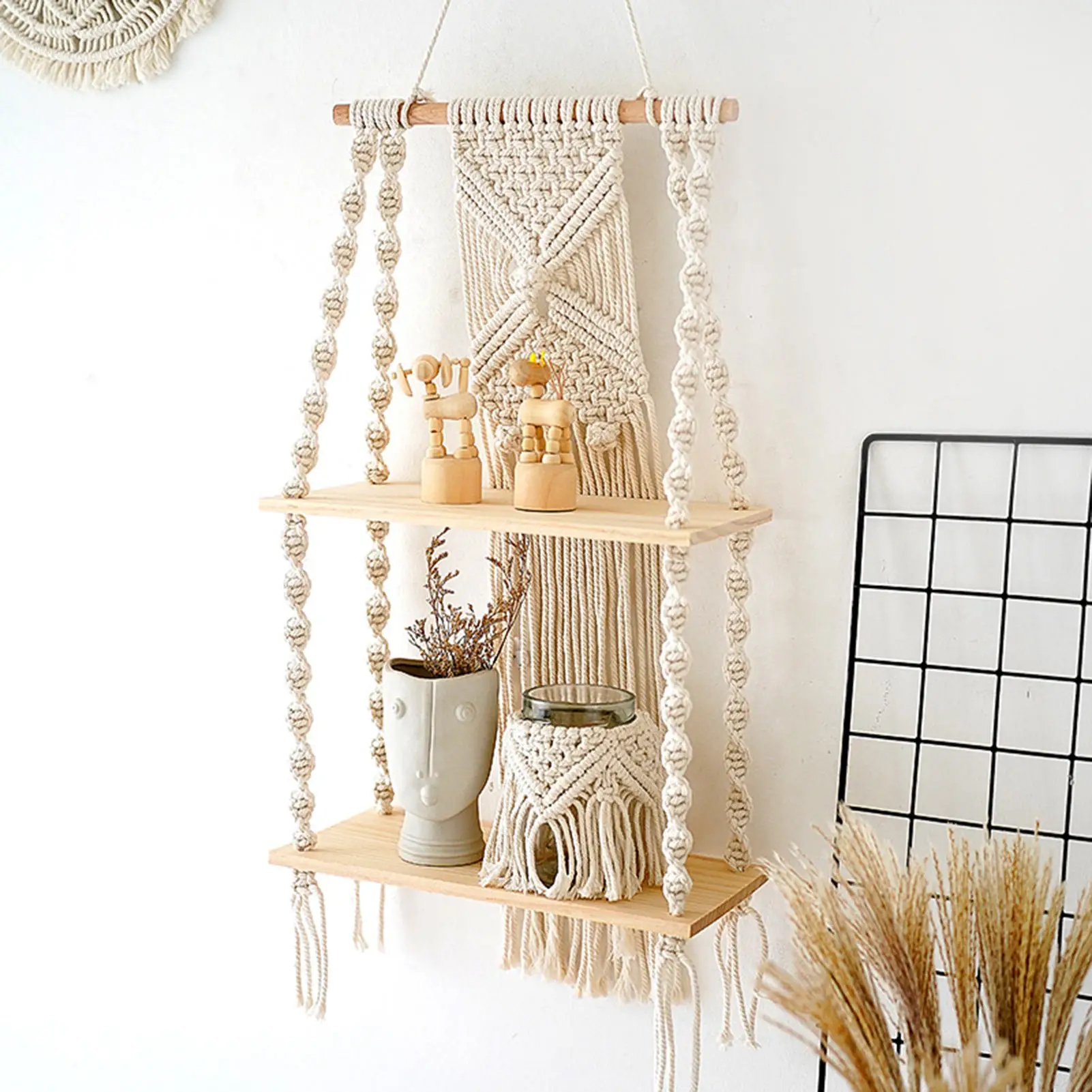 Macrame Wall Hanging Shelf 2 Tier Cotton Rope Woven Tassel Tapestry Wooden Plant Pot Shelves Floating Rack Wall Decor