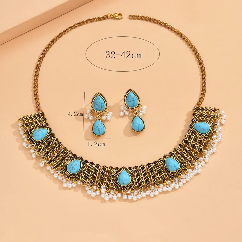 Turquoise Stone Chunky Necklace Earrings For Women Vintage Simulated Pearl Decoration Jewelry Set