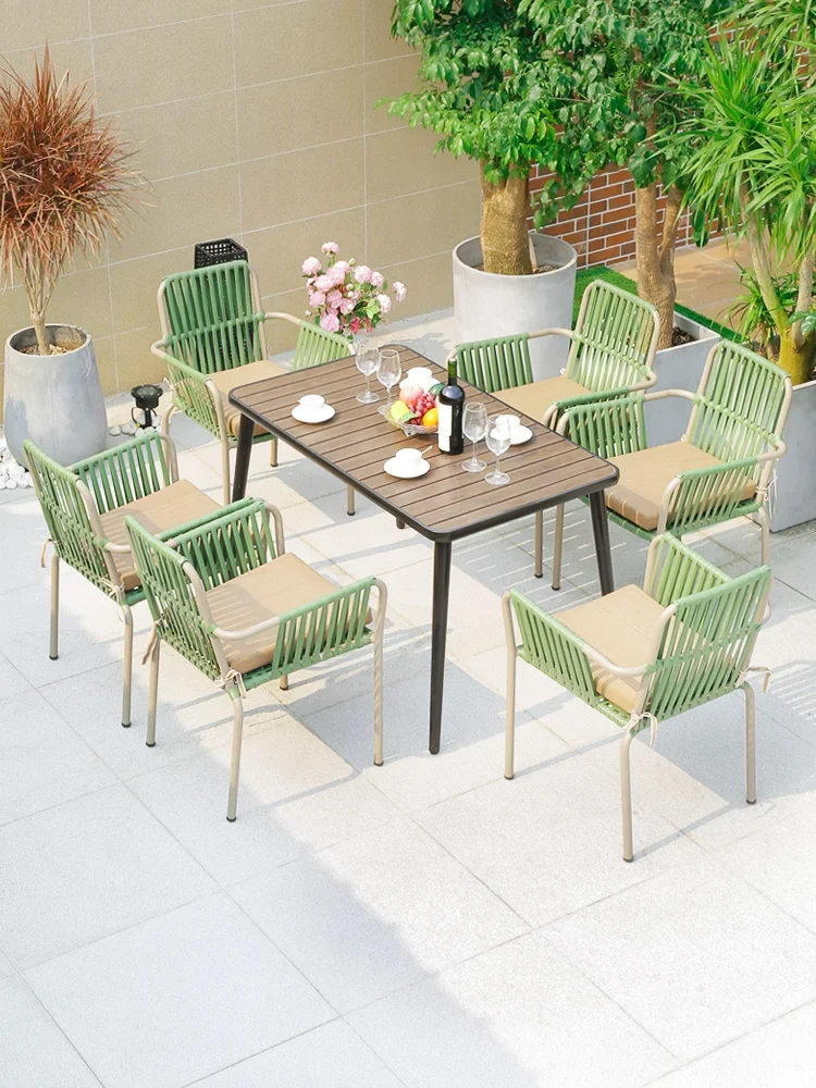 

Tables, chairs, gardens, six seats, plastic wood tables, outdoor balconies, leisure and simple waterproof rattan chairs