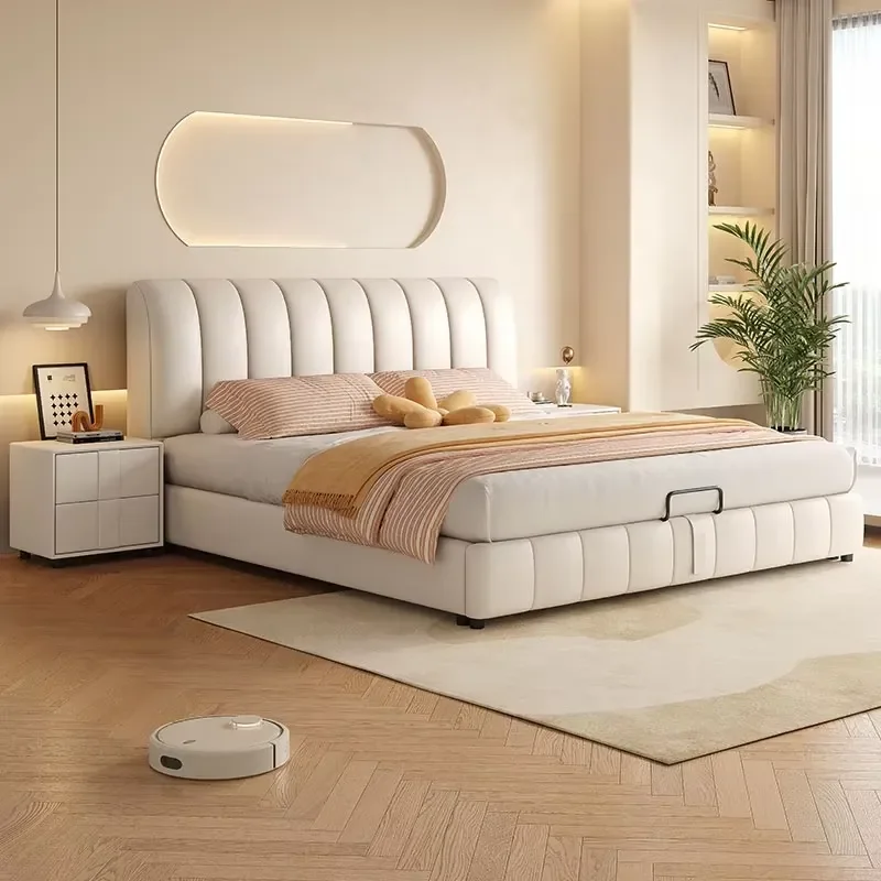 Concealed Storage PU Leather Bed Frame Hydraulic Lift Mechanism Solid Wood Foundation for Boutique Hotel Project