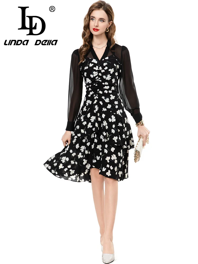 LD LINDA DELL ชุดเดรสผ้าชีฟองคอวีแขนยาว ผ้าบางเบา ใส่ทำงาน ใส่ลำลอง ใส่ไปงานปาร์ตี้ เอวสูง แฟชั่นทันสมัย