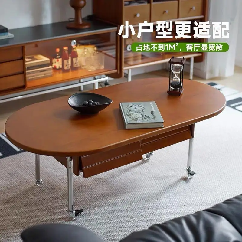 Nordic solid coffee table living room household small apartment stainless steel retro medieval oval simple Japanese tea table