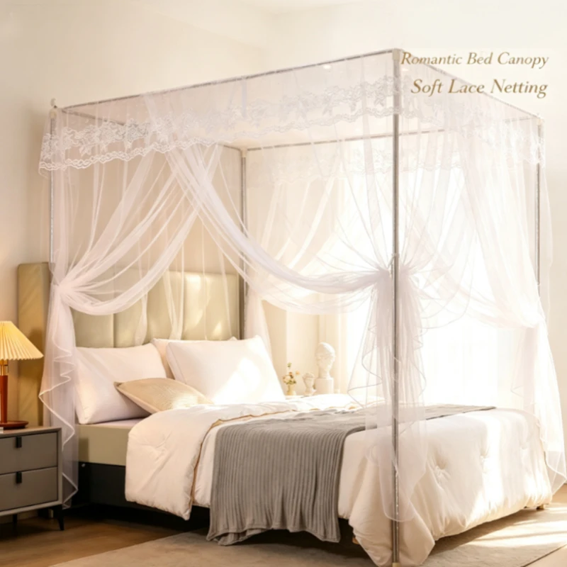 Square Mosquito Net with Lace Canopy, 3-Door Zipper Design for 1.5m/1.8m Beds, Anti-Fall Protection with Thickened Steel Frame